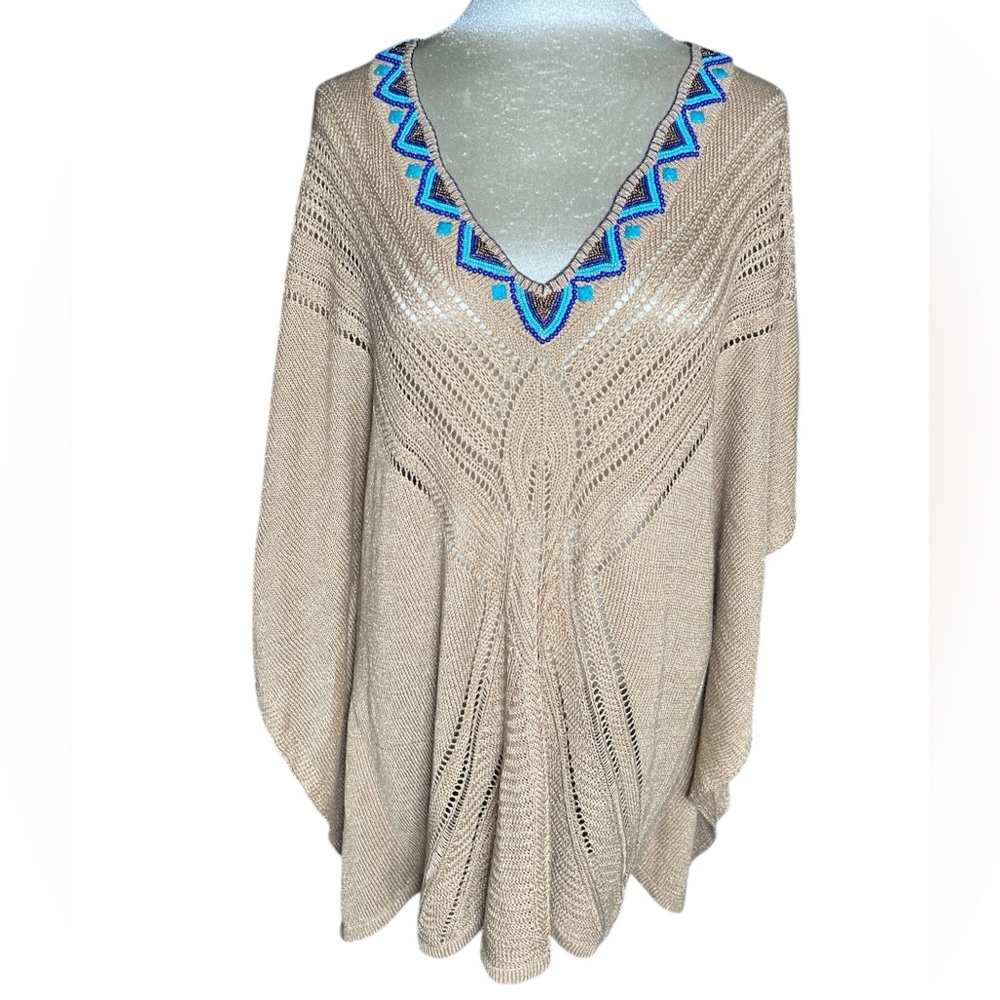 Chico's Metallic Gold Knit with Blue Bead Details poncho shawl S/M